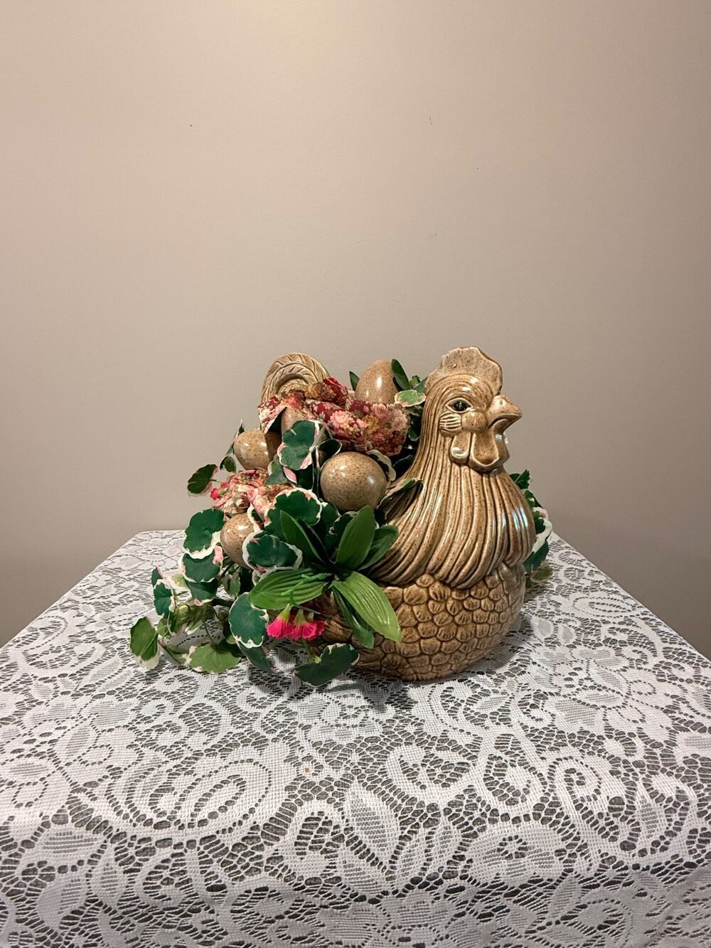 Handmade Ceramic Hen Chicken Floral Egg Centerpiece Farmhouse Country Decor